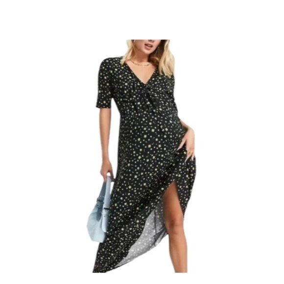 Asos Maternity Ditsy Floral Print Short Sleeve Maxi Dress Black Size 10 Bohemian - Picture 1 of 16